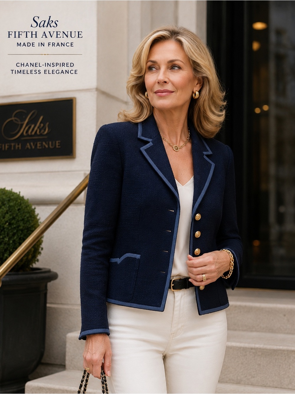 SAKS FIFTH AVENUE Navy Blue Blazer Made in France Couture Style
